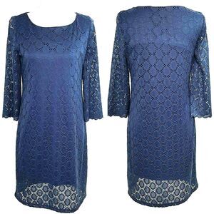 Tacera Dress Womens Small Blue Lace Illusion Shift Long Sleeve Church Office